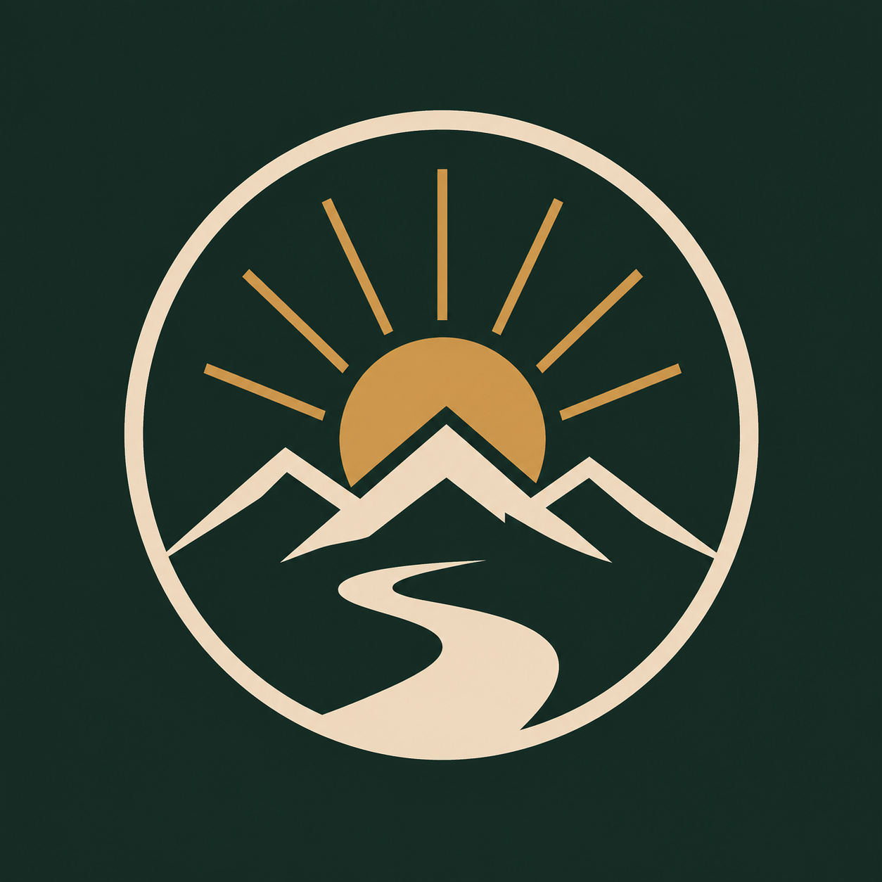 becoming.natural emblem: a golden sun above mountains and a winding river